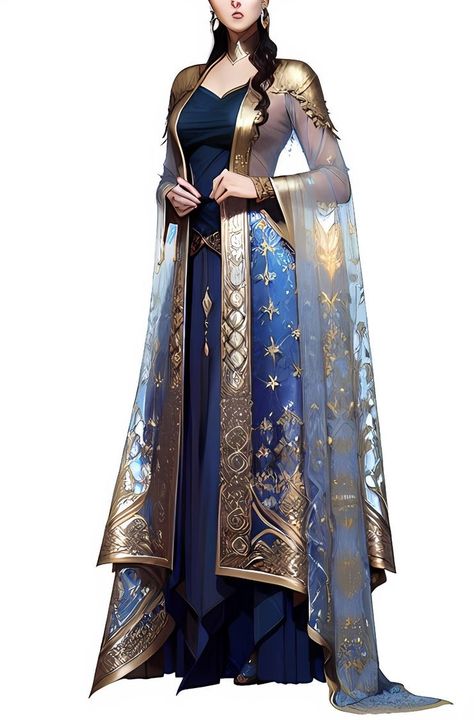 Blue And Gold Fantasy Outfit, Royalty Fantasy Outfits, Blue And Gold Fantasy Dress, Summer Court Outfit Acotar, Royal Outfits Female, Fantasy Royal Clothing, High Fantasy Clothing, Fantasy Robes, Fantasy Traveler Outfit