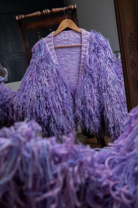 Shaggy jacket in lilac and blue Shaggy Jacket, Boho Festival Outfit, Chunky Jumper, Kimono Coat, Maxi Cardigan, Roll Neck Jumpers, Classic Sweater, Special Clothes, Roll Neck Sweater