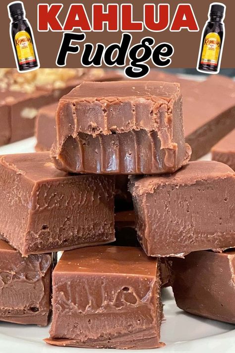 Try this quick Kahlua Fudge recipe for silky, boozy, no-bake treats perfect for holidays and gifting. It's easy to make in the microwave and delightfully indulgent! #fudge #kahulua #chocolate #easyrecipe #nobake Kahlua Brownies Recipe, Kahlua Fudge Recipe, Kaluha Recipes Desserts, Kaluha Recipes, Kaluah Recipes, Cheesecake Fudge Recipe, Kahlua Fudge, Original Fantasy Fudge Recipe, Fantasy Fudge Recipe