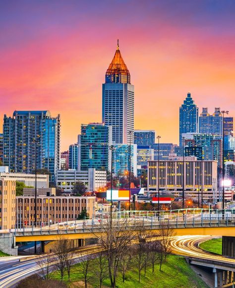 Atlanta, Georgia Skyline at Dusk - The downtown skyline of Atlanta, Georgia, USA at dusk. #Atlanta #Skyline Atlanta Georgia Aesthetic, Atlanta Georgia Skyline, Atlanta Skyline, Georgia Usa, Bake Sale, Atlanta Georgia, Studio Apartment, Georgia, Atlanta