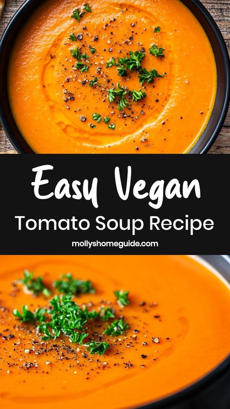 Indulge in a comforting bowl of vegan tomato soup that is both flavorful and nutritious. This delicious recipe is the perfect way to warm up on a chilly day while enjoying all the health benefits of fresh, plant-based ingredients. With its rich texture and bold seasonings, this vegan tomato soup will surely become a family favorite. Whether you're following a vegan lifestyle or simply looking for a lighter meal option, this soup is easy to make and incredibly satisfying. Homemade Vegan Tomato Soup, Vegetarian Tomato Soup Recipe, Vegan Tomato Basil Soup, Vegan Tomato Soup Recipe, Tomato Soup Vegan, Quick Vegan Dinner Recipes, Thermomix Soup, Tomato Basil Bisque, Tomato Bisque Soup