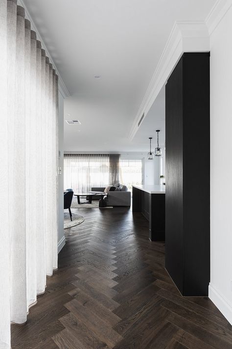 Black and White design from our Australian partner Woodpecker Flooring | coswick.com Woodpecker Flooring, Dark Herringbone Floor, Old Venice, Dark Timber Floors, Dark Oak Flooring, Wood Floor Design, Summer Hill, Herringbone Wood Floor, Dark Floors