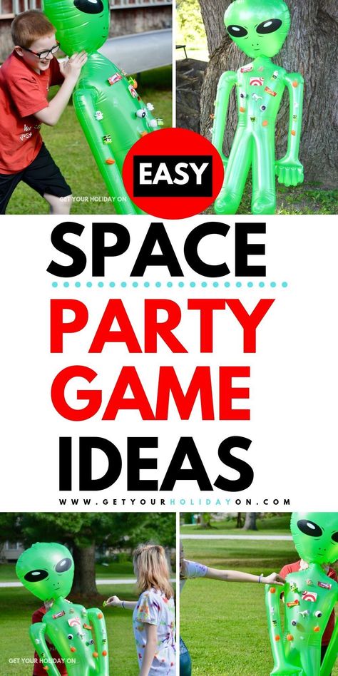 Space party game ideas for a kids birthday! #alien #space #birthdayparty #kidsparty Space Birthday Party Games Activities, Outer Space Theme Games, Astronaut Party Games, Diy Alien Party Decorations, Space Theme Party Activities, Space Theme Birthday Party Games, Space Theme Birthday Games, Space Themed Party Decor, Galaxy Birthday Party Games