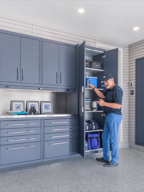 Garage Organization With Cabinets, Garage Cabinet Color Ideas, Garage Organization Ideas Storage Cabinets, Laundry Area In Garage Ideas, Garage Cupboards Storage, Garage Shelving Organization, Diy Garage Renovation, Garage Cabinet Colors, Garage Kitchen Cabinets