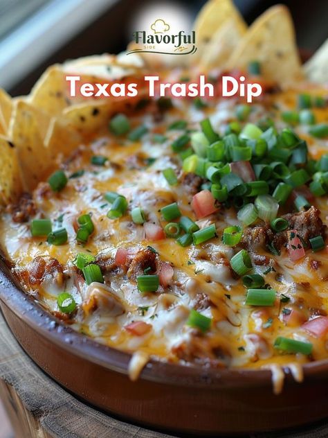 Flavorful side | FULL RECIPE ✅ : https://flavorfulside.com/texas-trash-dip/ | Facebook Meaty Texas Trash Dip, Desert Dips, Texas Trash Dip, Texas Trash, Mexican Dips, Recipes Authentic, Snack Dip, Meal Recipes, Mexican Food Recipes Authentic