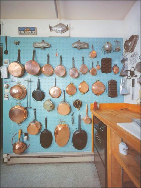 Small Kitchen Solutions, Small Kitchen Storage Solutions, Peg Board Walls, Julia Child Kitchen, Pegboard Kitchen, Pan Storage, Pantry Wall, Small Kitchen Storage, Art And Craft Materials