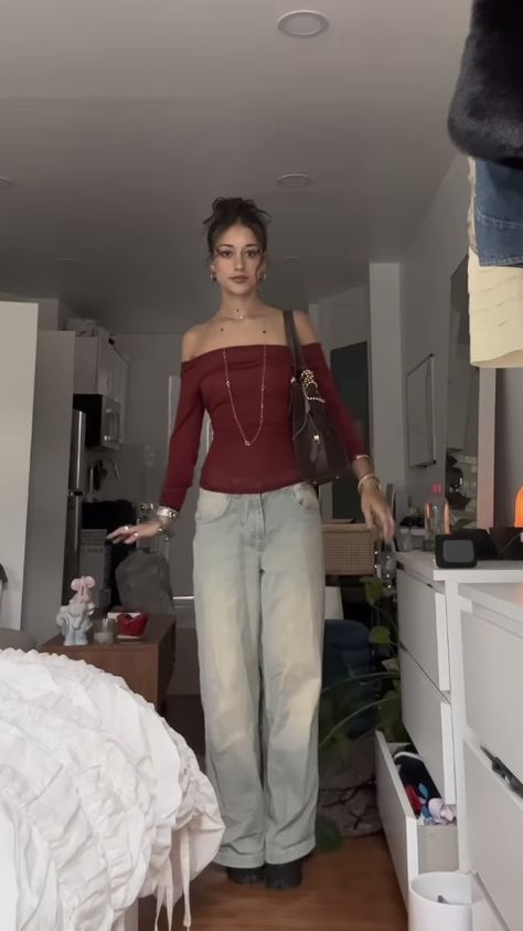 Red bare shoulder top Red Top Winter Outfits, Shoulder Less Top Outfit, Red Off The Shoulder Top Outfit, Red Off Shoulder Top Outfits, Dark Red Shirt Outfit, Burgundy Long Sleeve Shirt Outfit, Dark Red Top Outfit, Shoulderless Top Outfit, Off The Shoulder Top Outfit Aesthetic