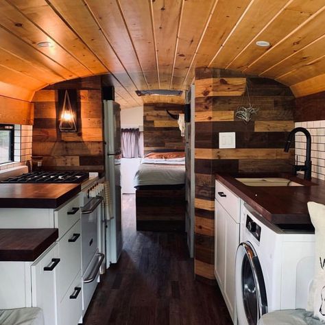 School Bus Tiny House, School Bus Camper, School Bus House, Converted School Bus, Wood Aesthetic, Converted Bus, Bus Living, School Bus Conversion, Bus House