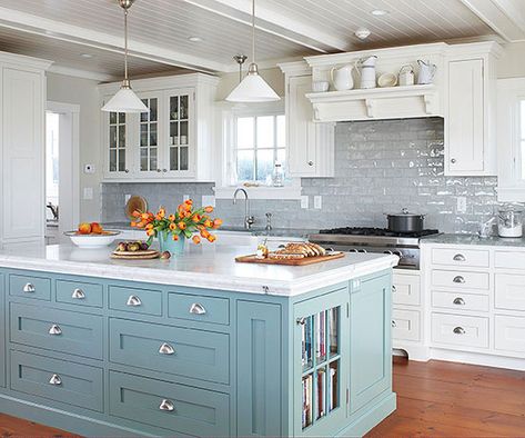 Give an all-white kitchen a lift with a refreshing coat of blue for a classic, pleasing palette with a hint of color. A cornflower-blue island and watery-hue backsplash make this white kitchen feel cheery and full of character./ Painted Kitchen Island, Kabinet Dapur, Houses Ideas, Green Beach, Kitchen Colour Schemes, Room White, Blue Cabinets, Coastal Kitchen, Kitchen Color