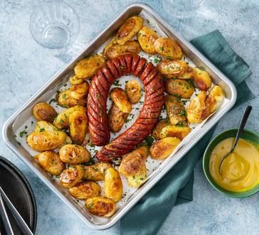 Glaze For Turkey, Hasselback Kielbasa, Homemade Honey Mustard Sauce, Turkey Kielbasa, Easy Sheet Pan Dinner, Kielbasa And Potatoes, Polish Dishes, Perfect Cheese Board, Roasted Fingerling Potatoes