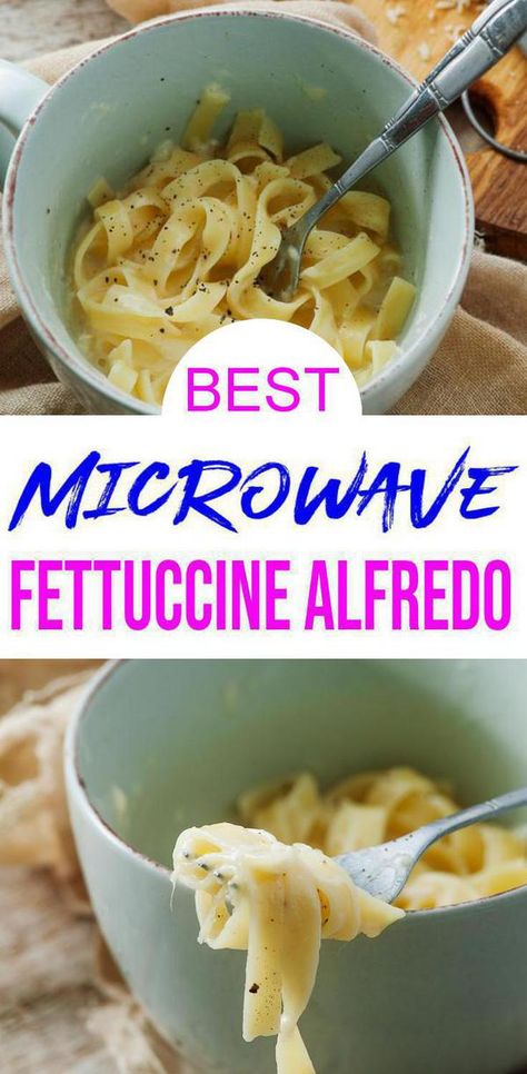 Check out this microwave fettuccine Alfredo. Easy and simple microwave recipes that everyone will love. Great quick & simple recipes for snacks, side dishes, appetizers, microwave lunch or quick microwave dinner for 1. Microwave mug pasta for the BEST fettuccine Alfredo. #lunch #dinner Mug Pasta, Best Fettuccine Alfredo, Dinner For 1, Microwave Dinner, Mug Meals, Recipes For Snacks, Microwave Mug Recipes, Mug Recipe, Microwave Dinners