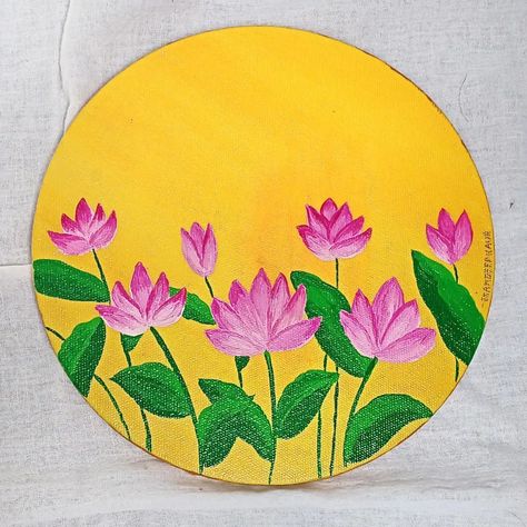 Lotus painting on canvas board ✨ Round Painting Ideas On Canvas, Lotus Painting On Canvas, Mdf Board Painting Ideas, Lotus Canvas Painting, Round Rangoli, Keychain Painting, Circle Canvas Painting, Circular Canvas Painting, Art Pictures Ideas