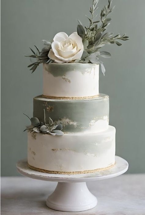 Wedding Cake With Eucalyptus And Roses, Olive Branch Wedding Cake, Geo Wedding Cake, Greenery Cake Wedding, Wedding Cakes Sage Green And Gold, Wedding Cake Light Green, Wedding Sage Green Decor, Simple Wedding Cake Ideas Elegant Classy, Wedding Cakes With Green