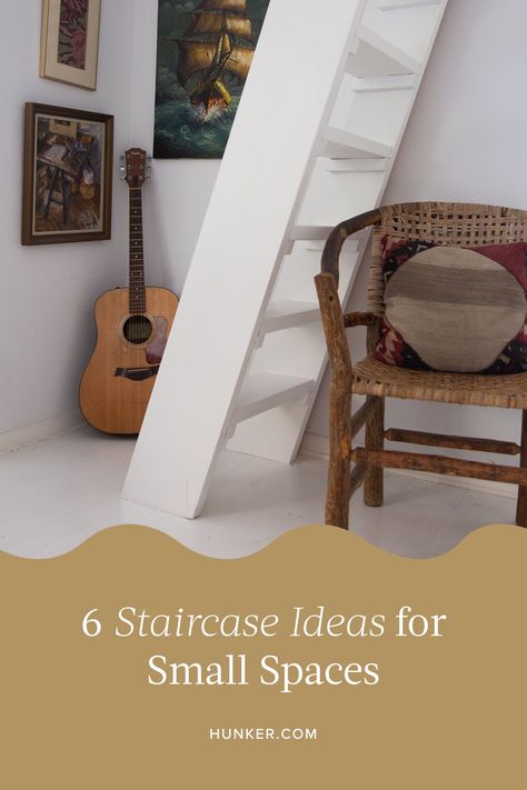 With careful planning, some creativity, and a bit of foresight, you can incorporate stairs for small spaces that maximize square footage AND add to your overall design. Check out these six inspiring, cozy interiors with attractive and practical staircase solutions. #hunkerhome #staircase #smallspaces #staircaseideas #stairs Compact Staircase Ideas Small Spaces, Small Footprint Staircase, Smart Stairs Ideas, Narrow Steep Staircase Ideas, Space Saving Staircase Ideas, Steep Staircase Ideas, Spacesaver Stairs, Staircase For Small Spaces, Small Space Under Stairs Ideas