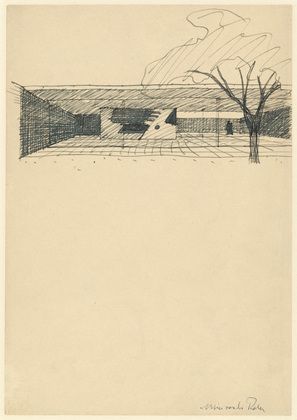 Ludwig Mies van der Rohe. Court House, project, Perspective sketch with garden sculpture. 1935 Mies Van Der Rohe Sketch, Arcology, Architecture Design Process, Perspective Sketch, Architect Drawing, Model Sketch, Ludwig Mies Van Der Rohe, Art Terms, Architecture Collage