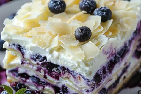 White Chocolate Blueberry Lasagna Recipe, Lemon Blueberry Dessert Recipes, Blueberry Lasagna, White Chocolate Chips Recipes, Lemon Lasagna, Blueberry Pudding, Blueberry Delight, Chocolate Blueberry, Blueberry Breakfast Cake