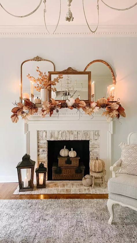 Gold Mirror On Fireplace Mantel, Mantle With Family Photos, Thanksgiving Fireplace Decor, Layering Mirrors, Fall Coziness, Decorating A Mantel, Decorating With Mirrors, Fall Mantels, Autumnal Decor