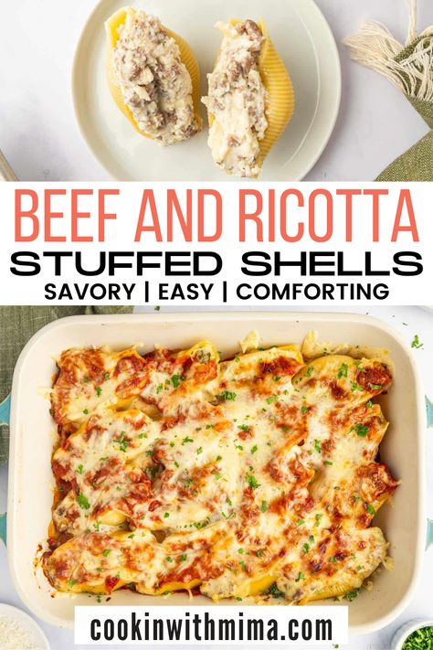 These Beef and Ricotta Stuffed Shells are amazing! Every bite is delicious savory goodness. The pasta shells are generously filled with seasoned ground beef, creamy ricotta, and gooey mozzarella, and then they’re covered in a mouthwatering sauce and more cheese before they’re baked to perfection. Try out this amazing dish today! Stuffed Shells With Ground Beef And Ricotta Cheese, Creamy Ricotta Beef Stuffed Shells, Stuffed Shells Ground Beef, Ricotta Cheese Stuffed Shells, Stuffed Shells With Ground Beef, Ground Beef Ricotta, Beef Stuffed Shells, Italian Stuffed Shells, Ricotta Stuffed Shells