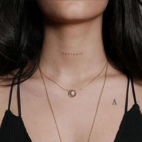 Words On Throat Tattoo, Tattoo On The Neck For Women, One Word Chest Tattoo, Small Throat Tattoo, Small Chest Tattoos For Women, Tiny Chest Tattoo, Throat Tattoos Women, Chest Tattoo Words, Word Neck Tattoos