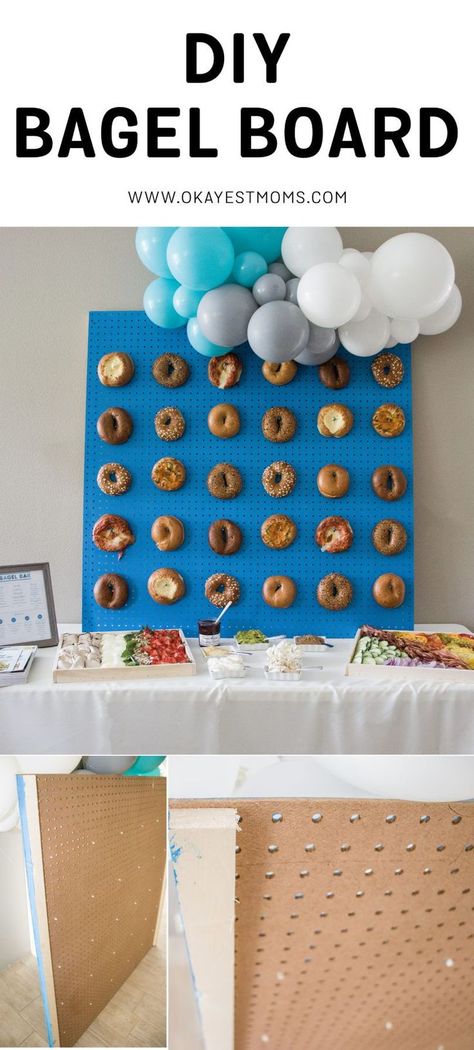 Bagels arranged on a peg board bagel board Bagel Peg Board, Bagel Wall, Bagel Board, Bagel Bar, Coffee Party, Rainbow Baby Shower, Balloon Wall, Theme Party Decorations, Grad Party