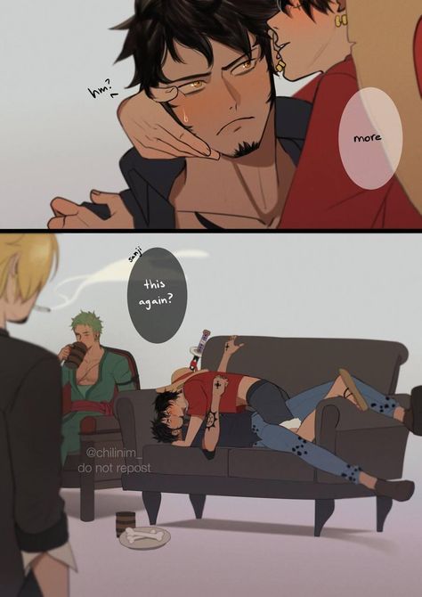 One Piece Trafalgar Law X Luffy Comic, Luffy And Law Fanart, One Piece Ships Luffy, One Piece Law X Luffy, Luffy X Zoro Kiss, Trafalgar Law And Luffy, Luffy X Law Comic, Luffy Reference, Marine Luffy