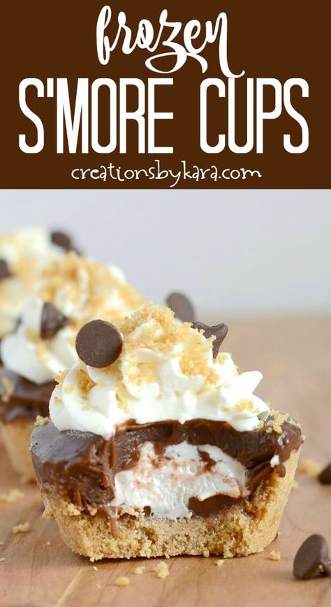 I like these Frozen S'mores Cups even more than actual s'mores! A graham cracker crust, chocolate ganache, marshmallow creme, chocolate pudding, and whipped cream all layered into one cute, frosty treat. What's not to love? #smorecups #frozensmores #frozensmorecups #smorerecipe -from Creations by Kara Smores Cups, Frozen Smores, Marshmallow Filling, Bakery Goods, Smore Recipes, Low Carb Dessert, Marshmallow Creme, Cookie Cups, Köstliche Desserts