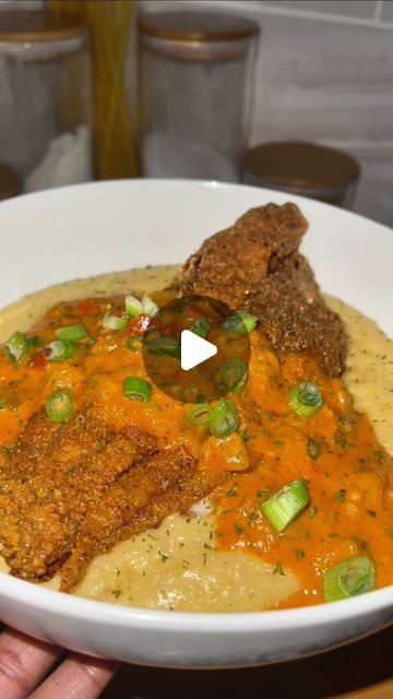 Jateriya Dashai’ on Instagram: "All in favor? Catfish and grits 🔥   • Ingredients  Catfish filets Grits  Tomato paste  Heavy cream  Chicken stock  Yellow onion  Red bell pepper  Green chiles  Parmesan cheese  Cheddar cheese  Gruyere cheese Green onions Mustard  Hot sauce  Flour  Cornmeal  Tony’s seasoning  Lemon pepper  Garlic powder  Onion powder  Salt  Pepper  •  •  #cheesegrits #catfish #southernfood #cajun #dinner #newfood #easymeals #recipe" Fried Catfish And Grits, Catfish And Grits Soul Food, Catfish And Grits, Heavy Cream Chicken, Cheese Gruyere, Cajun Dinner, Yellow Grits, Cream Chicken, Cheese Cheddar