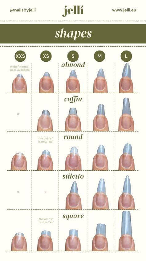 Nails shape Nail Extensions Shapes, Gel Nails Shape, Nail Shape Chart, Soft Gel Tips, Nail Extensions Acrylic, Shape Chart, Acrylic Nail Shapes, Soft Gel Nails, Nail Techniques