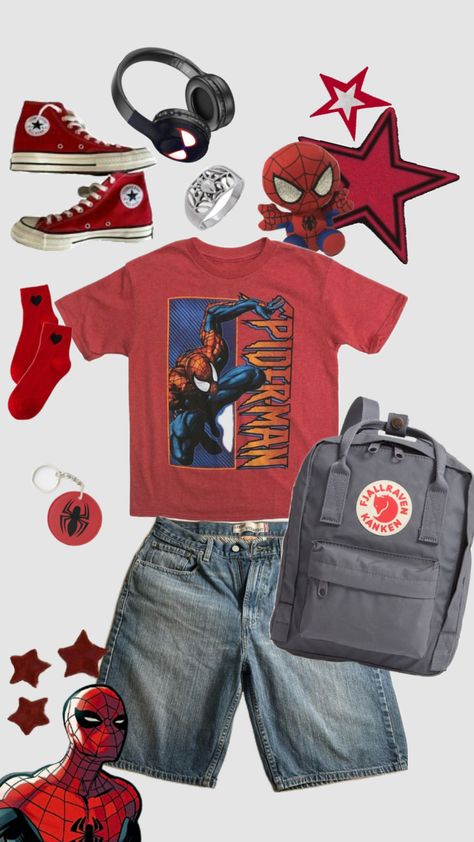 Red Fit Aesthetic, Funky Style Outfits Men, Spiderman Themed Outfits, Peter Parker Inspired Outfit, Spiderman Aesthetic Outfit, Movie Theatre Outfits, Spider Man Outfits Ideas, Spider Man Outfits, Spiderman Outfit Ideas