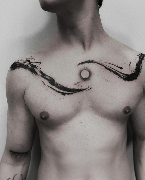 Black And Red Chest Tattoo, Lunar Back Tattoo, Protection Back Tattoo, Abstract Chest Tattoo Men, Tattoo Chest Ideas For Men, Abstract Body Tattoo, Trans Masc Chest Tattoos, Chest Tattoos Aesthetic, Under Eye Tattoo Ideas