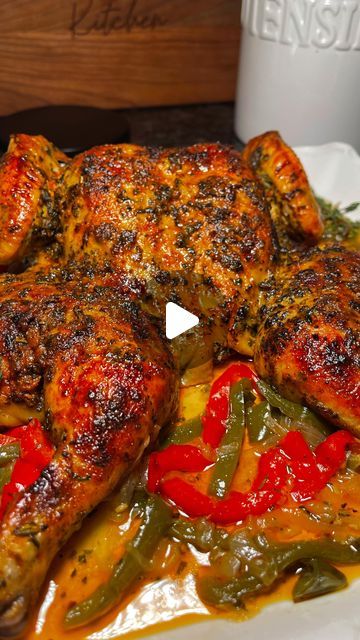 Oven Bake Whole Chicken, Best Spatchcock Chicken Oven, Baked Hen Recipe Ovens, Half Baked Chicken Recipes, Baked Chicken With Peppers, Baked Chicken Recipes Bone In, How To Cook Spatchcocked Chicken, Full Chicken In Oven, Slow Baked Chicken In Oven