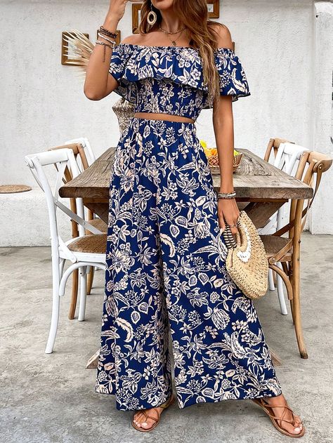 Top And Wide Leg Pants, Off Shoulder Crop Top, Pantalon Large, Shoulder Crop Top, Boho Floral, Two Piece Outfit, Maternity Bag, All Over Print, Leg Pants