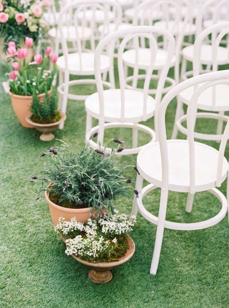 Flower Pot Wedding Decor, Flower Pots Wedding Ceremony, Potted Aisle Flowers, Wedding Isles Ideas Outdoor, Wedding Flower Pots, Wedding Ceremony Potted Plants, Spring Wedding Isles Decoration, Outside Wedding Aisle, Potted Plant Wedding Ceremony Decor