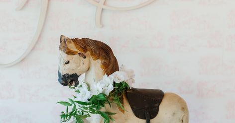 Take in this Whimsical Equestrian Baby Shower at Oakmont Country Club | PartySlate Vintage Carousel Horse, Vintage Carousel, Horse Statue, Custom Cocktails, Carousel Horse, Pink Sugar, Country Club, Baby Shower Themes, Carousel