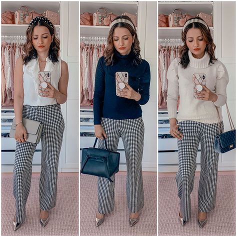 how to style houndstooth trousers cabi-fall-2020-portrait-blouse--blogger outfit Houndstooth Pants Outfit, Houndstooth Outfit, Houndstooth Trousers, Cabi Clothes, Canada Fashion, Houndstooth Pants, Fashion Blogger Outfit, Clothing Blogs, Casual Dress Pants