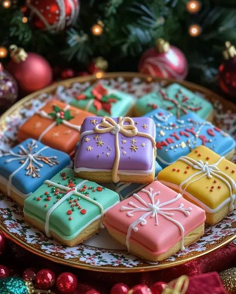 Christmas Present Cookies – a festive holiday treat that’s sweet, colorful, and perfect for gifting. Try this fun recipe today! Present Christmas Cookies, Christmas Present Cookies, Present Cookies, Mini Presents, Favorite Cookie Recipe, Easy Sugar Cookies, Royal Icing Decorations, Gingerbread Cake, Decorator Icing