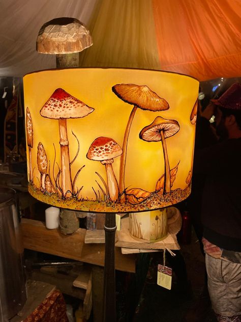 Cottagecore Lampshade, 70s Lampshade, Painted Lampshade Diy, Mushroom Lampshade, Mushroom Elf, Painted Lampshade, Lampshade Art, Lampshade Diy, Cottage Core Art