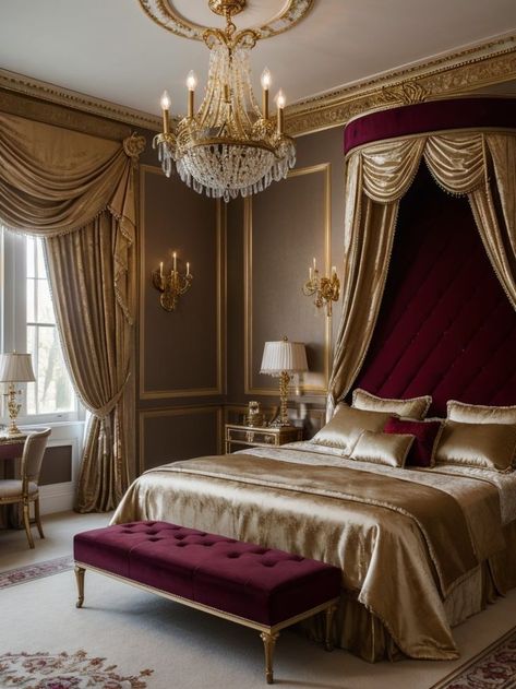 Glamorous bedroom ideas with a luxurious color palette and opulent decor, incorporating a chandelier and velvet accents. #BedroomIdeas #BedroomDesign Burgundy Bedroom, Royal Bedroom Design, Eclectic Bedroom Design, Tropical Bedroom Decor, Royal Bedroom, Black Bedroom Decor, Fantasy Bedroom, Luxe Bedroom, Victorian Bedroom