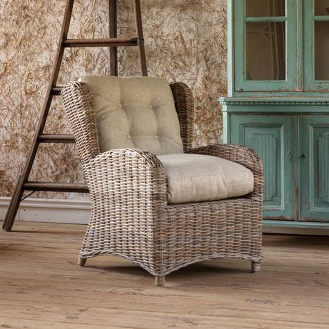 Cottage Rattan Wing Chair Beach House Chairs, Cottage Coastal Decor, Patterned Paint Rollers, Sunroom Decorating, Rattan Armchair, Chest Coffee Table, Swivel Accent Chair, Home Porch, Colourful Cushions