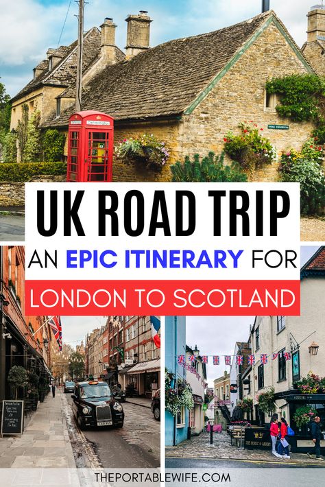 Plan a UK road trip itinerary from England to Scotland with this self drive UK holiday guide. Discover the best UK travel destinations on your British road trip, including London, Stonehenge, Bath, a Cotswolds driving tour, scenic Lake District drives, and more! Includes a UK road trip map and British travel tips. | England road trip | Scotland road trip | UK road trip ideas | UK holiday destinations | UK travel itinerary | UK travel wanderlust | UK travel places | Uk Road Trip, Uk Holiday Destinations, London To Scotland, Uk Travel Itinerary, Road Trip Uk, Scotland Road Trip, Uk Holiday, Day Trips From London, United Kingdom Travel