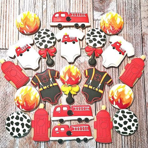 Firefighter themed baby shower cookies. Complete with fire hydrant baby bottle! #firefightercookies #BabyShowerCookies #decoratedsugarcookies #SweetTemptationsByNicole Fire Truck Cupcakes, Fireman Baby Showers, Firefighter Baby Showers, Fireman Party, Fire Truck Party, Firefighter Baby, Boy Nursery Themes, Baby Boy Nursery Themes, Nicole Smith