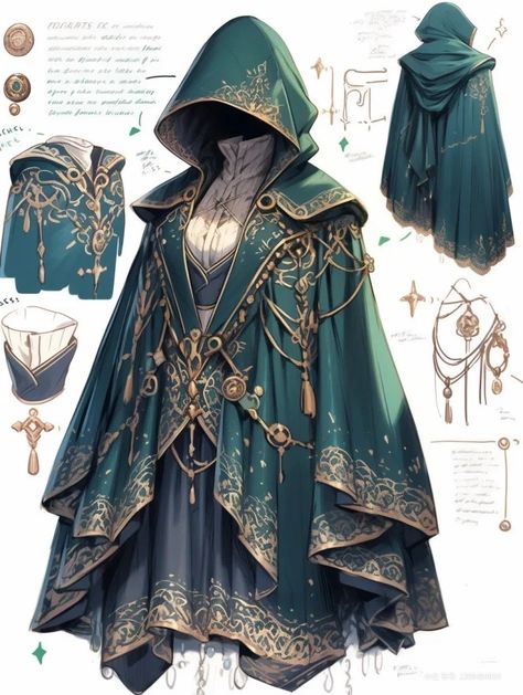 Fantasy Travel Outfit Art, Cloaked Character, Fantasy Fashion Art, Fantasy Clothing Art, Fantasy Clothing Design, Clothing Design Sketches, Fantasy Dresses, Fashion Drawing Dresses, Dress Design Sketches