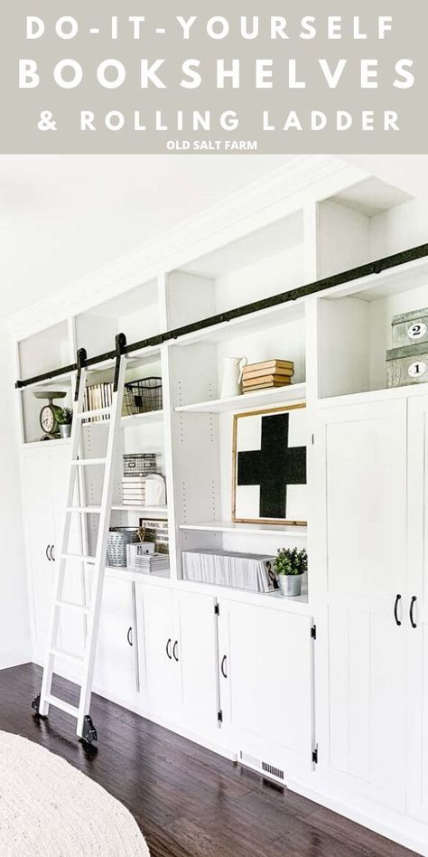 Diy Floor To Ceiling Bookshelves, Bookshelves With Ladder, Farmhouse Library, Farmhouse Bookshelves, Farmhouse Office Decor, Floor To Ceiling Bookshelves, Rolling Ladder, Library Ladder, Farmhouse Style Living Room