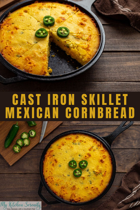 Baked cornbread in a cast iron skillet with sliced jalapenos on top as a garnish. Cornbread With Cream Corn And Cheese, Jalapeno Cornbread Jiffy Creamed Corn, Self Rising Cornmeal Cornbread, Cornbread Recipe With Corn Kernels, Cornbread With Sour Cream, Mexican Cornbread Jiffy, Corn Sour Cream, Easy Mexican Cornbread, Sour Cream Cornbread