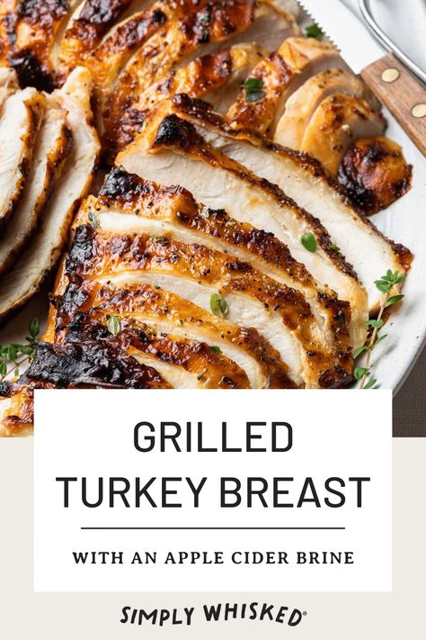 Want to change things up this Thanksgiving? Try grilling your turkey instead. This grilled turkey breast is soaked overnight in an apple cider brine and grilled until it's perfectly tender with a crispy golden skin. It's so good it doesn't even need gravy. Serve it with your favorite sides for a simple holiday meal that cooks in about an hour. Apple Cider Brine, Grilled Turkey Breast, Thanksgiving Turkey Breast, Brined Turkey Breast, Dairy Free Thanksgiving, Golden Skin, Grilled Chicken Wings, Turkey Breast Recipe, Grilled Turkey