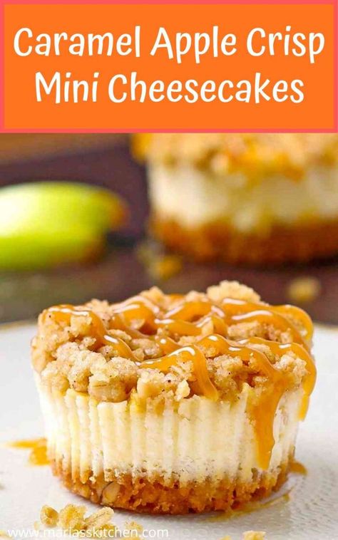 Easy Caramel Apple Crisp Mini Cheesecakes - Maria's Kitchen Apple Crisp Mini, Mini Apple Cheesecake, Caramel Apple Crisp Cheesecake, Graham Cracker Crust Cheesecake, Christmas Dinner Desserts, Apple Crisp Cheesecake, Cheesecake Easy, Caramel Apple Crisp, Caramel Apples Easy