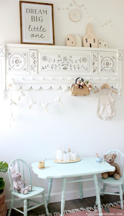 Playroom Ideas Vintage, Vintage Inspired Playroom, Grandmillenial Playroom, French Country Playroom, Vintage Inspired Girls Room, Storybook Playroom, Tea Party Nursery, Antique Girls Bedroom, Victorian Nursery Vintage