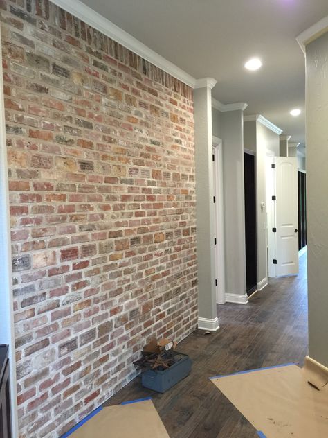 Brick Wall Inside House, White Wash Brick Accent Wall, Interior Brick Accents, Cover Brick Wall Interior, Brick Wall Lounge, Brick Entryway Wall, Brick Columns Interior, Indoor Brick Wall Ideas, Brick Walls Interior