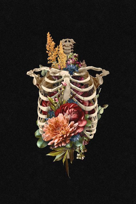 Anatomy Art Background, Skeleton Astethic, Skeleton Flower Art, Skeleton With Butterflies, Anatomy With Flowers, Dubai Tattoo, Medicine Wallpaper, Skeletal Art, Skeleton With Flowers