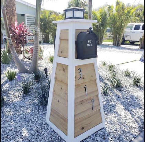 Lighthouse Mailbox Diy, Lighthouse Yard Decor, Lighthouse Mailbox Ideas, Coastal Mailbox Ideas Curb Appeal, Nautical Mailbox Ideas, Coastal Mailbox Ideas, Mailbox Upgrade, Beach Centerpieces Diy, Yard Lighthouse